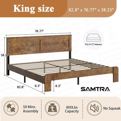 Rustic King Size Wooden Platform Bed Frame With Tall Headboard Open Horizontal Bar Design Natural Wood Grain Farmhouse Bedroom Foundation Built Different For Total Sleep Vibes - Side angle showing dimensions and sturdy construction.