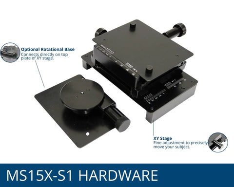 X Y Fine Adjustment And Rotational Base For Dino Lite Microscope, black finish shown with pro grade knob controls, 3.25x4.25 inch table.