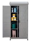 Outdoor Cedar Wood Storage Shed With Metal Top Built To Last Tall Vertical Tool Cabinet For Backyard Garden Patio And Lawn Weather Resistant 68 By 33 By 20 Inches Large Capacity For Tools And Gear Grey, open view with garden supplies inside.