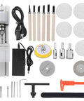 7 Level Speed Controlled Mini Milling Lathe For Woodworking With Aluminum Alloy Base And Steel Drill Chuck accessories and tools displayed.
