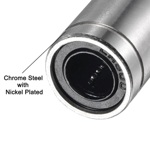 Close-up of LM8LUU Linear Ball Bearing revealing chrome steel and double seal features for CNC routers and 3D printers.