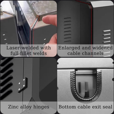 Premium Heavy Duty EV Charger Lock Box features laser-welded seams, zinc alloy hinges, and cable exit seal, ensuring durability.