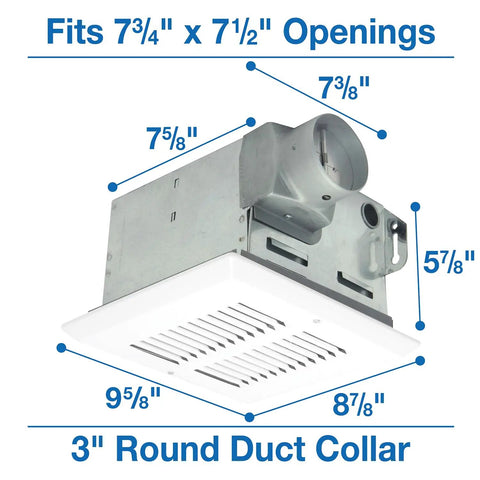 Fire-Rated Exhaust Bath Fan With 50 CFM And 3.0 Sones, White Finish, dimensions and duct collar size shown.
