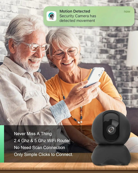 Straight Up Reliable Indoor Security Cam With Smooth 1080P HD Stream And Effortless Dual Band WiFi Pairing For Pets And Little Ones With Solid Night Vision Instant Motion Pings Two Way Chat And Plug Play SD Or Cloud Backup, shown with seniors using smartphone.