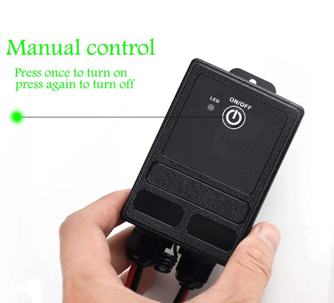 Wireless Relay Switch Remote For 12V 24V 48V 72V Systems, IP65 waterproof casing, handheld showing manual control and buttons