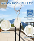 Mini Nylon Pulley Wheel 12 Pack 0.39 Inch Inner Diameter 2.32 Inch Length on balcony setup with hook, labels visible
