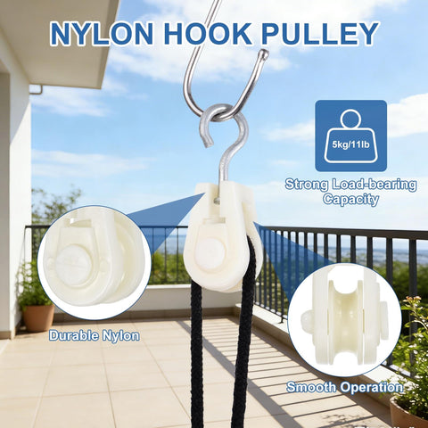 Mini Nylon Pulley Wheel 12 Pack 0.39 Inch Inner Diameter 2.32 Inch Length on balcony setup with hook, labels visible