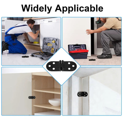 Rock Solid 2 Piece 180 Degree Flip Top Hinges For Folding Tables, Black zinc alloy hinges shown in various installation scenarios.