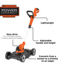 Diagram of 3-In-1 Electric Lawn Mower, Trimmer and Edger with 6.5 Amp Motor, 12 Inch Cutting Width, corded power, highlighting features