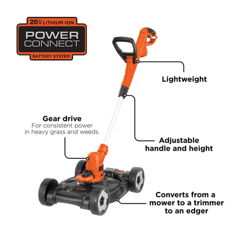 Diagram of 3-In-1 Electric Lawn Mower, Trimmer and Edger with 6.5 Amp Motor, 12 Inch Cutting Width, corded power, highlighting features