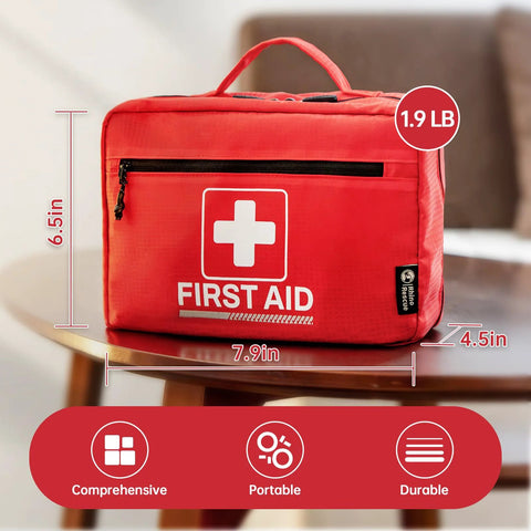 Rhino Rescue red 240-piece all-purpose first aid kit bag with white cross logo, front view