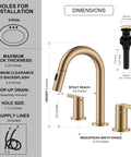Dimensions of Sleek Champagne Bronze Pull Down Bathroom Faucet Featuring Twin Handles And Flexible Spray Wand Delivering Heavy Duty Performance Snug Fit On Any Widespread Sink Setup Crafted Completely Lead Free.