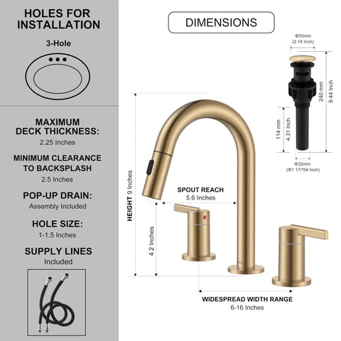 Dimensions of Sleek Champagne Bronze Pull Down Bathroom Faucet Featuring Twin Handles And Flexible Spray Wand Delivering Heavy Duty Performance Snug Fit On Any Widespread Sink Setup Crafted Completely Lead Free.