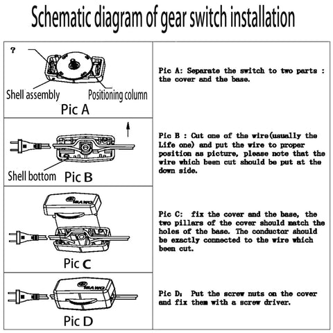 Schematic diagram showing steps to install Inline Rotary Cord Switch Replacement Gear Rotary Switch Direct Plug In Light Wire Switch.