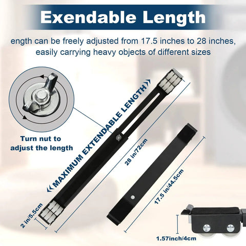 Illustration of Extendable Appliance Rollers For Washer And Dryer BeefedUp Heavy Duty Mobile Base, adjustable telescoping wheels.