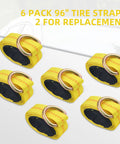Heavy Duty Car Tie Downs Lock Tight Steel Ratchets Include Six Extra Long Tire Straps Built To Haul Your Rig Locked Down Tight Featuring 10000 Pound Break Strength And Tough Polyester Webbing For Trucks - Six yellow 96" tire straps with metallic loops.