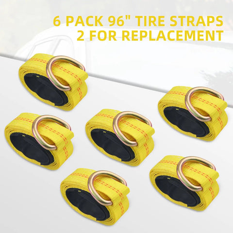 Heavy Duty Car Tie Downs Lock Tight Steel Ratchets Include Six Extra Long Tire Straps Built To Haul Your Rig Locked Down Tight Featuring 10000 Pound Break Strength And Tough Polyester Webbing For Trucks - Six yellow 96" tire straps with metallic loops.