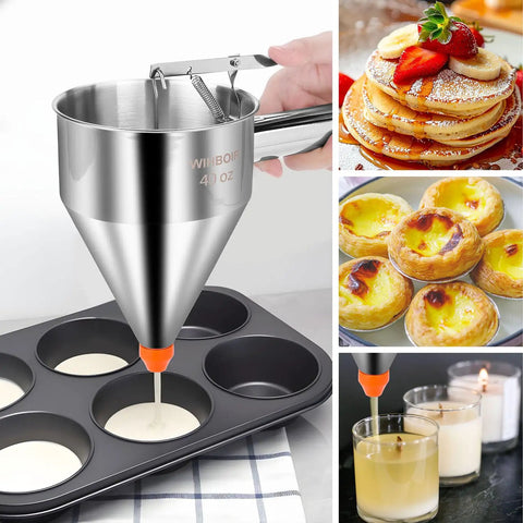 Smooth Pour 40 Oz Stainless Steel Pancake Batter Dispenser and Multi Nozzle Kitchen Funnel pouring batter into a muffin tin.
