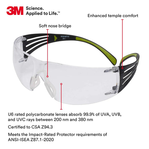 SecureFit 400 Safety Glasses For Men And Women All Day Comfort Anti Fog Anti Scratch Clear Lenses UV Protected Green And Black Frame