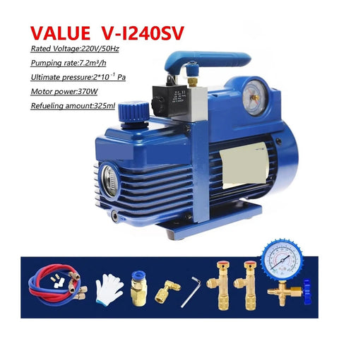 Gorgeous V-i240SV 4CFM Two-Stage Rotary Vane Vacuum Pump with Manifold Gauge Set. Top Notch HVAC Tool for AC Repair, R410A R134a Systems. High Performance, Anti-Reflux Design, Low Noise Operation!
