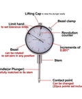 Front view of Qnkaa dial indicator with magnetic base; 0-1 in range, 0.001 in increments, steel stem