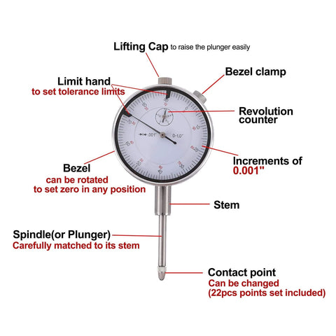Front view of Qnkaa dial indicator with magnetic base; 0-1 in range, 0.001 in increments, steel stem