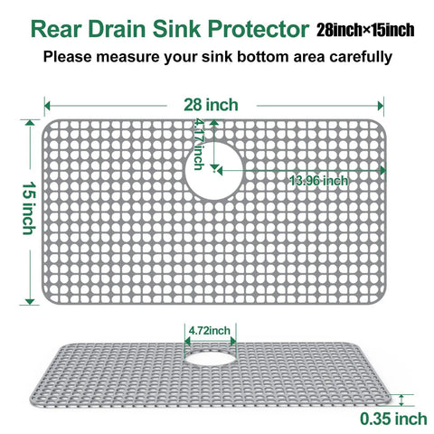 Silicone Sink Protector Mat For Kitchen Sink 28x15 Inches Heat Resistant No Slip Grid For Stainless Steel And Porcelain Sinks With Rear Drain Gray Durable Mat Keeps Dishes Safe And Sink Clean Flexible Silicone Will Not Scratch Surfaces.