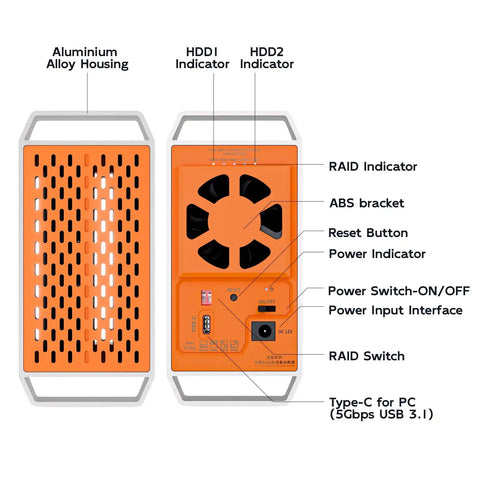 Top Shelf Dual Bay SATA RAID Enclosure For 3.5 Inch HDD and SSD with USB 3.0, indicators, fan, and ports detailed view.