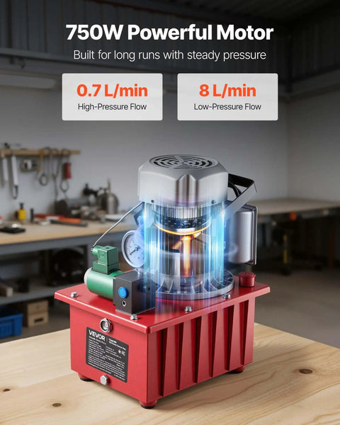 Electric Hydraulic Pump Power Pack 750W 10000 PSI 120V Single Acting Solenoid Valve With Pedal Switch 2.1 Gal 8L Reservoir