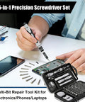 All In One Precision Screwdriver Set With Magnetic Bits And Storage Case, 115 In 1 Tool Kit For Electronics And Home Repairs, Includes A Wide Range Of Bits For Small Devices And Everyday Projects, Silver, shown repairing electronics with opened case.