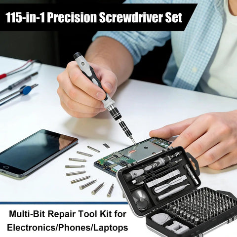 All In One Precision Screwdriver Set With Magnetic Bits And Storage Case, 115 In 1 Tool Kit For Electronics And Home Repairs, Includes A Wide Range Of Bits For Small Devices And Everyday Projects, Silver, shown repairing electronics with opened case.