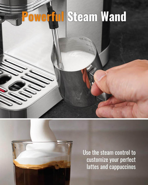 Close-up of a frothing milk with steam wand from the 20 Bar Espresso Machine With Milk Frother And Touchscreen 1350W Power.