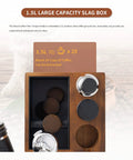 Top view of 4 In 1 Espresso Knock Box And Tamper Mat Stand For 58mm Coffee Accessories Featuring A 1.5L Detachable Stainless Steel Knock Box In Brown Walnut Finish Perfect For Home Baristas And Cafe Setups, showing compartment layout.