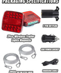 Red wireless trailer lights with magnets; includes 7-pin RV plug, car power socket, two steel wires, and charging cable.
