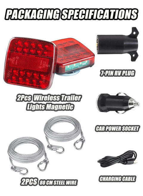 Red wireless trailer lights with magnets; includes 7-pin RV plug, car power socket, two steel wires, and charging cable.
