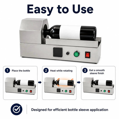 Compact Electric Heat Shrink Machine For Wine Bottle Neck Sleeves with bottle and controls for efficient label sealing.