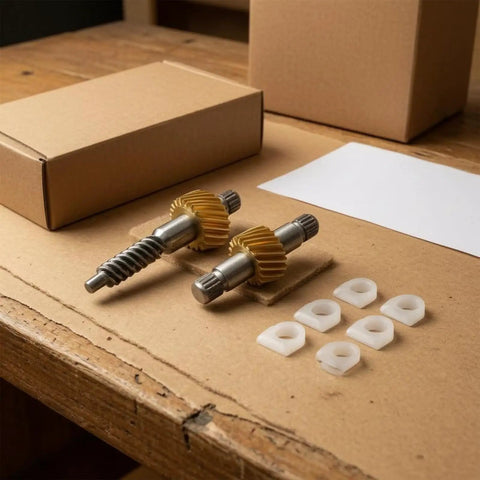 Upgrade Your Ride With This Ultimate Convertible Top Latch Motor Gear Repair Kit That Swaps Out Worn Plastic Helical Gears For Durable Steel Parts To Fix E46 And E64 Roof Issues Fast. Steel gears and bushings laid out on a box.