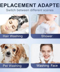 Four scenes showcasing the Hella Durable Shower Head Sink Faucet Bathtub Sprayer Attachment: hair washing, showering, pet washing, and face cleaning.