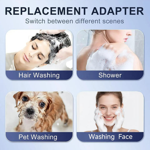 Four scenes showcasing the Hella Durable Shower Head Sink Faucet Bathtub Sprayer Attachment: hair washing, showering, pet washing, and face cleaning.