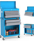 Eight Drawer Rolling Tool Chest On Wheels With Lockable Casters Detachable Top Bottom Cabinet And Side Hooks Heavy Duty Mechanic Tool Organizer For Garage Workshop Or Home Shop Storage, blue steel