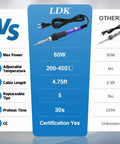 Comparison of 60W 110V Adjustable Temperature Soldering Iron Kit with others showing specs like power, temperature, and cable length.