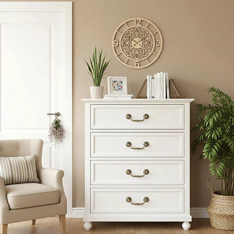 White dresser with Antique Bronze Drop Bail Drawer Pulls Set Of 10 With 4.5 Inch Total Length And 3.5 Inch Center