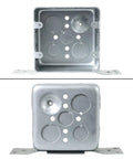 Front and back view of Heavy Duty Four Inch Square Electrical Box With Side Bracket For Easy Mounting Two And One Eighth Inch Deep Metal Junction Box Galvanized Built To Last With One Half Inch And Three Quarter Inch Knockouts Four Pack