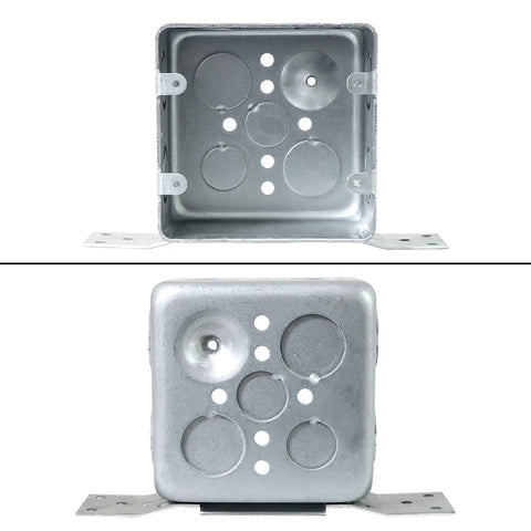 Front and back view of Heavy Duty Four Inch Square Electrical Box With Side Bracket For Easy Mounting Two And One Eighth Inch Deep Metal Junction Box Galvanized Built To Last With One Half Inch And Three Quarter Inch Knockouts Four Pack