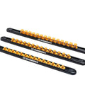 Three Eighths Inch Drive Magnetic Socket Rail with Fourteen Clips Aluminum Frame Ball Bearing Retention Rotating Clips shown