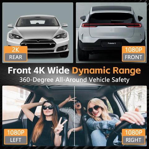 Front and rear car views with inside passengers shown using All Around 360 Degree Dash Cam With Front Rear Inside And Side Lenses, 4K Front And Three 1080P Feeds