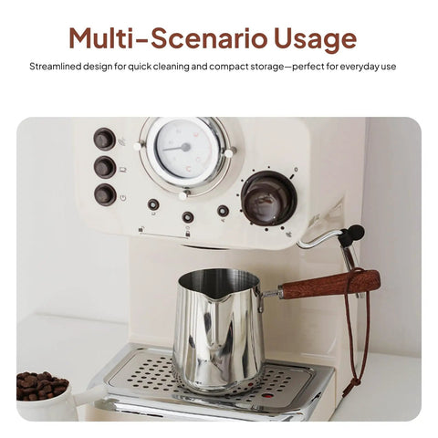 Turkish Warmer Coffee Pot Frothing Pitcher 1000ml Stainless Steel Milk Warmer on espresso machine with wooden handle.