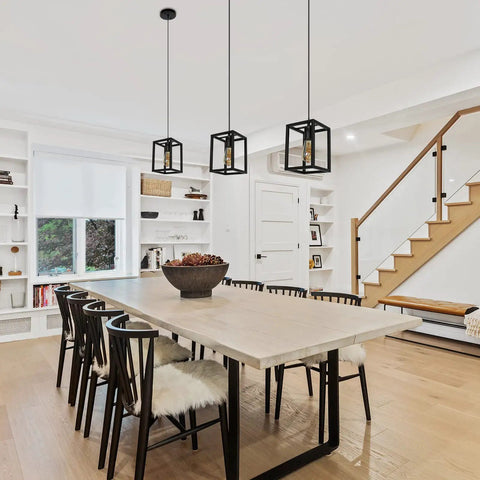 Dining room with Dope Black Industrial Pendant Light With Adjustable Cord, Farmhouse Style 1 Light Chandelier hanging above table