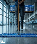 No Sweat Heavy Duty Commercial Floor Sweeper With A Slick Forty Eight Inch Reusable Washable Dust Mop Head And Sturdy Wooden Handle For Quick Hardwood Tile Laminate Floors In Bold Blue in use at an airport terminal.