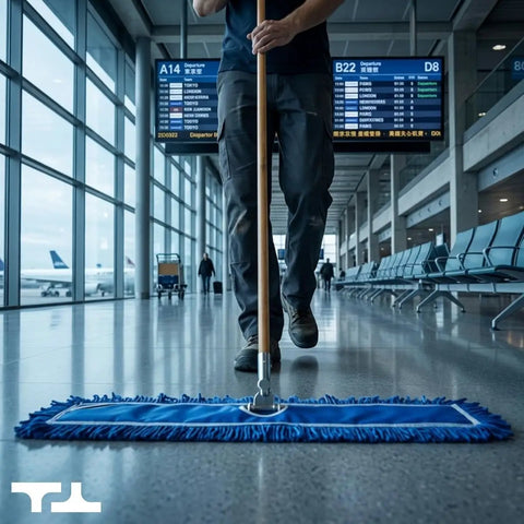 No Sweat Heavy Duty Commercial Floor Sweeper With A Slick Forty Eight Inch Reusable Washable Dust Mop Head And Sturdy Wooden Handle For Quick Hardwood Tile Laminate Floors In Bold Blue in use at an airport terminal.